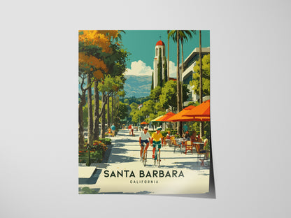 Poster of Santa Barbara with people on bikes and palm trees