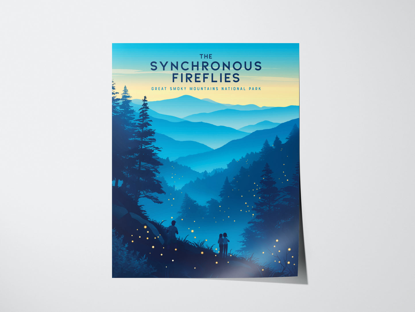 A vibrant poster depicting a scenic view of the Great Smoky Mountains at dusk, with silhouettes of trees and distant hills. Tiny glowing dots represent fireflies, creating a magical atmosphere.