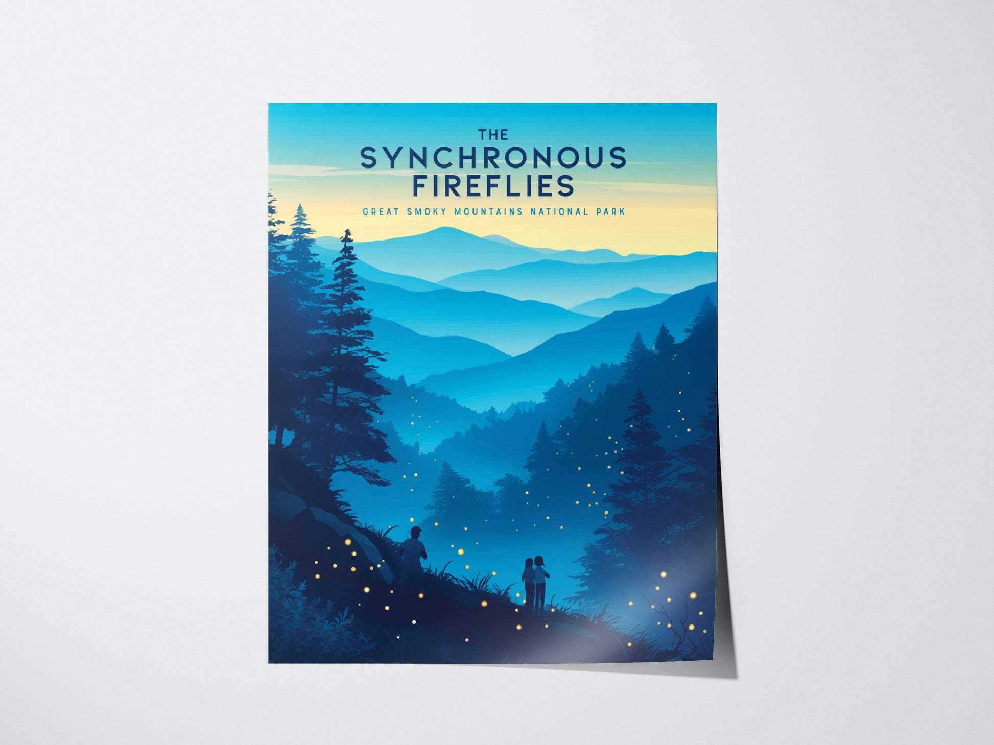 A vibrant poster depicting a scenic view of the Great Smoky Mountains at dusk, with silhouettes of trees and distant hills. Tiny glowing dots represent fireflies, creating a magical atmosphere.