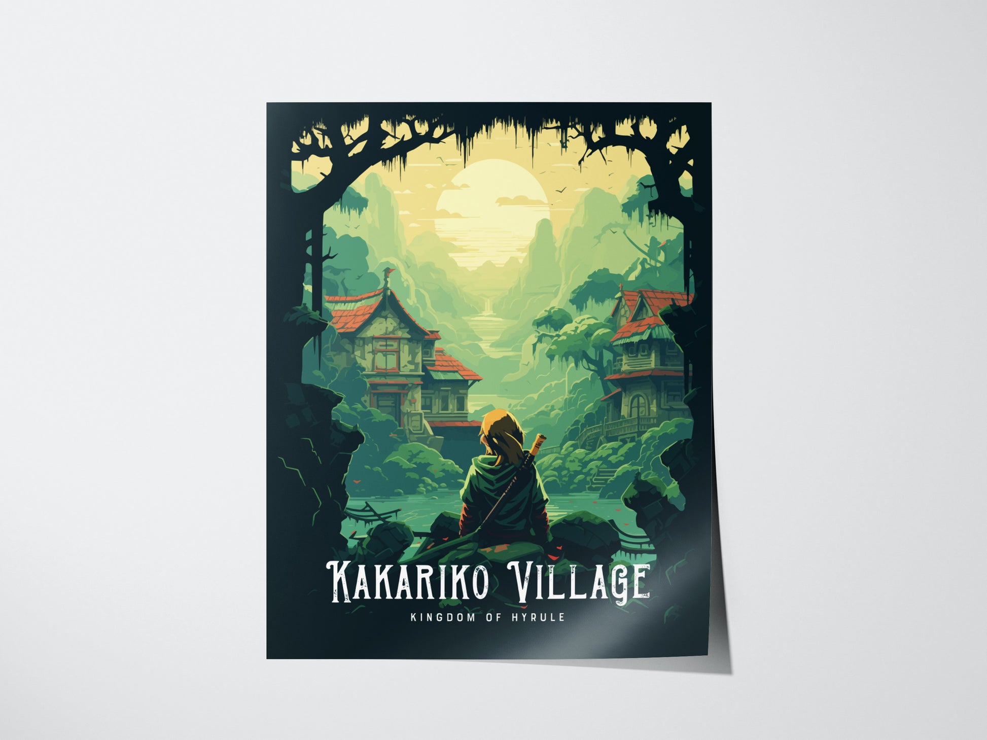 Poster of Kakariko Village from 'Kingdom of Hyrule' with Link sitting under a tree.