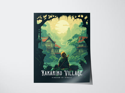 Poster of Kakariko Village from 'Kingdom of Hyrule' with Link sitting under a tree.