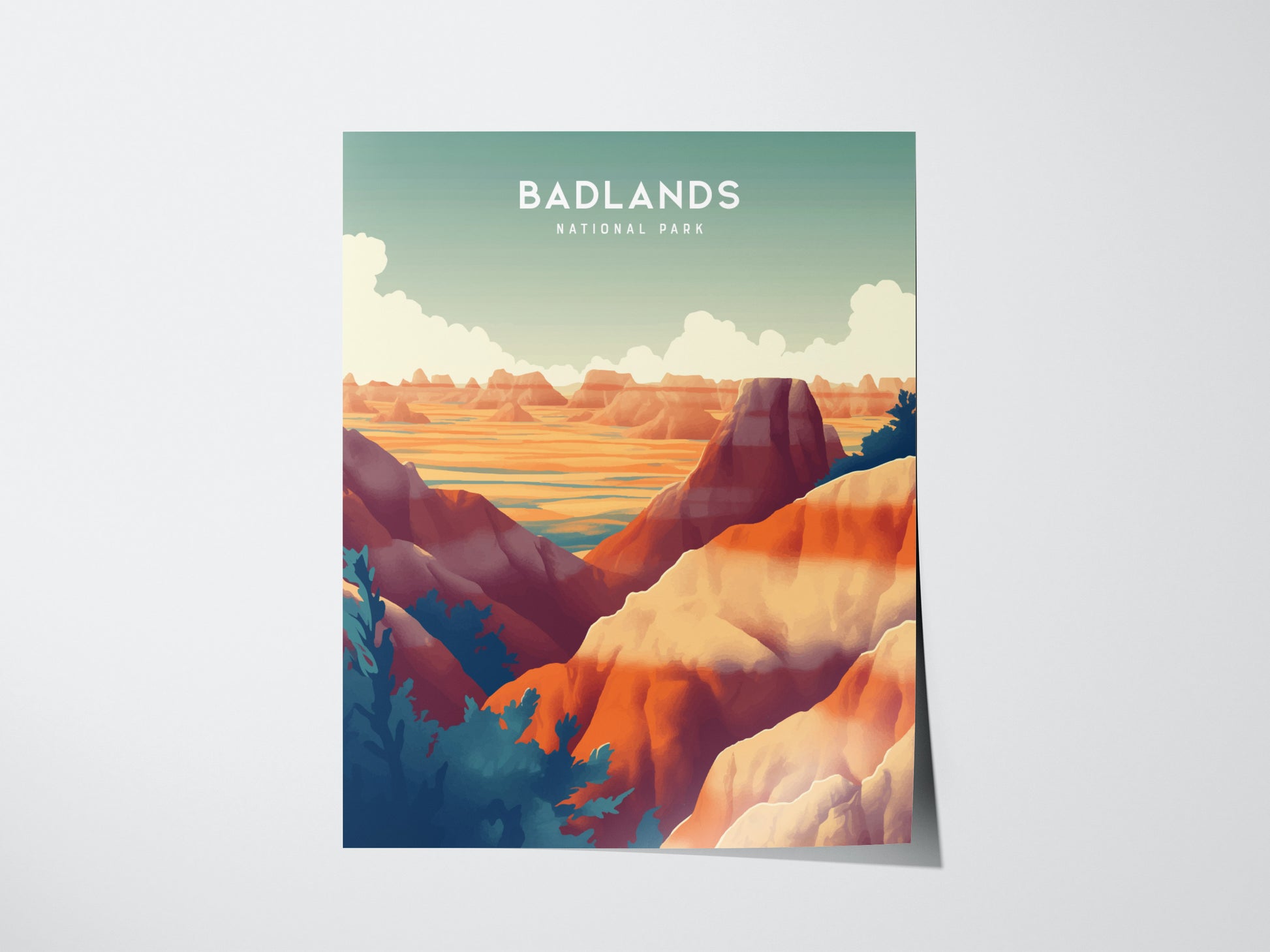 A colorful illustration of Badlands National Park, featuring vibrant orange and purple rock formations against a green sky, with clouds and distant spires. Text reads Badlands National Park.