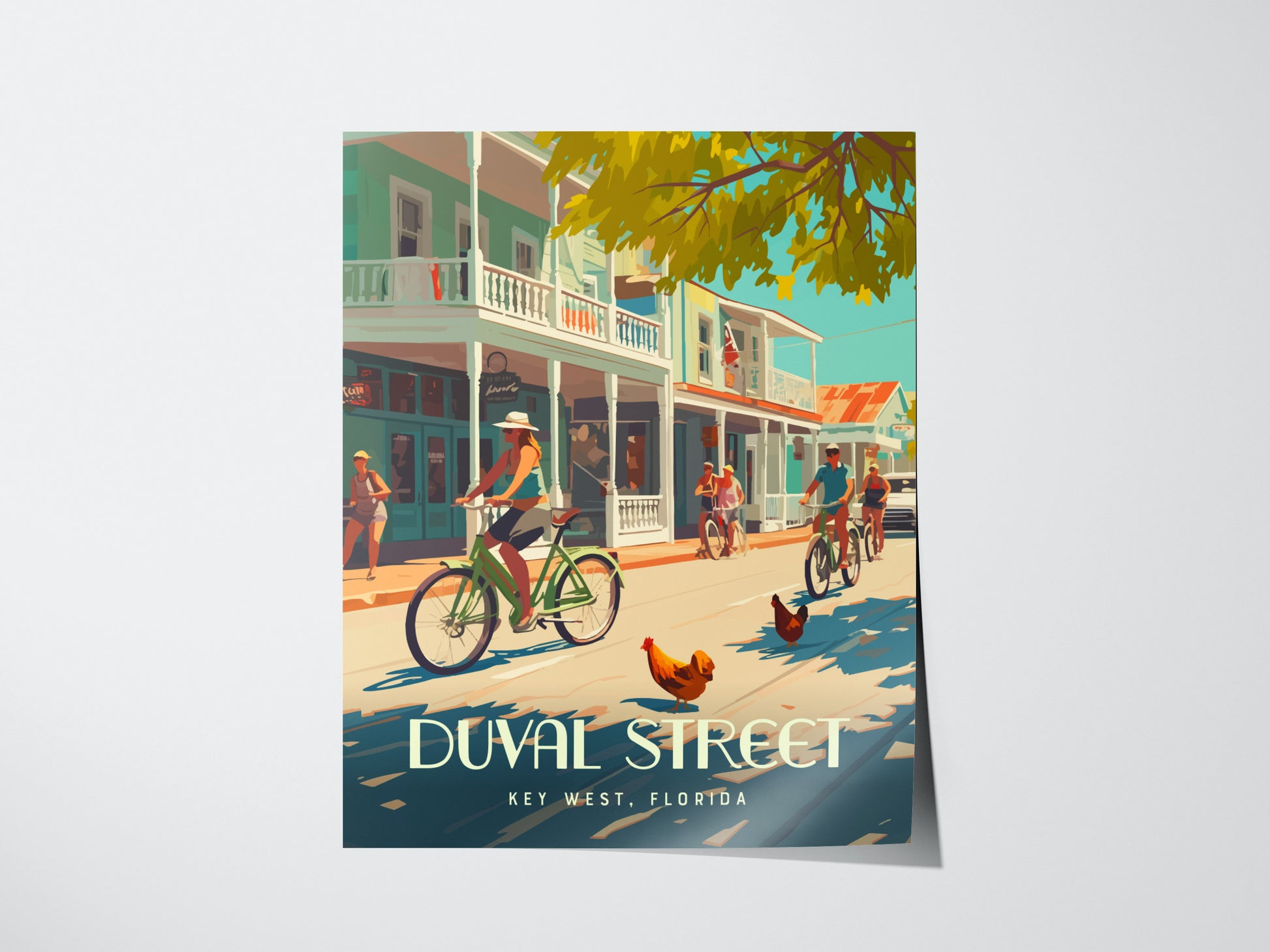 A vibrant illustration of Duval Street in Key West features cyclists, pedestrians, and roaming roosters under sunny skies, with colorful buildings lining the street.