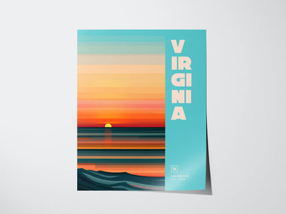 A minimalist poster features a stylized sunset over the ocean with horizontal color bands and the word Virginia in bold white letters on a light blue background.