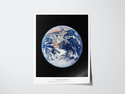 Blue Marble NASA Earth poster featuring Apollo 17 whole Earth photograph with Africa and Antarctica visible