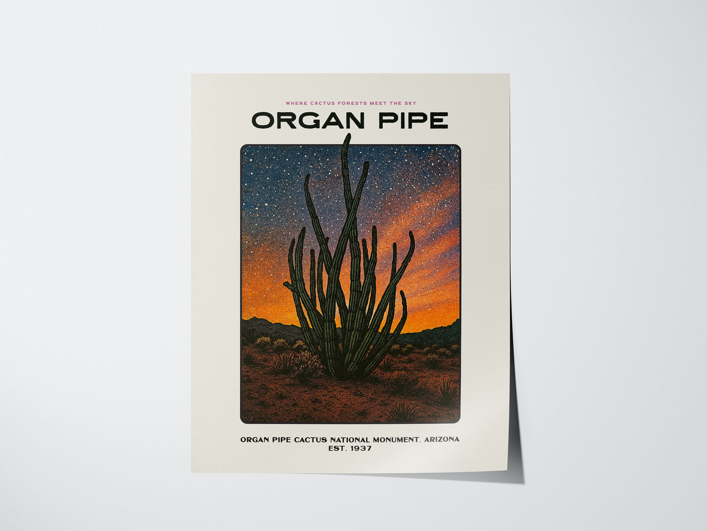 Organ Pipe Cactus poster featuring a stylized illustration of Organ Pipe Cactus National Monument desert landscape
