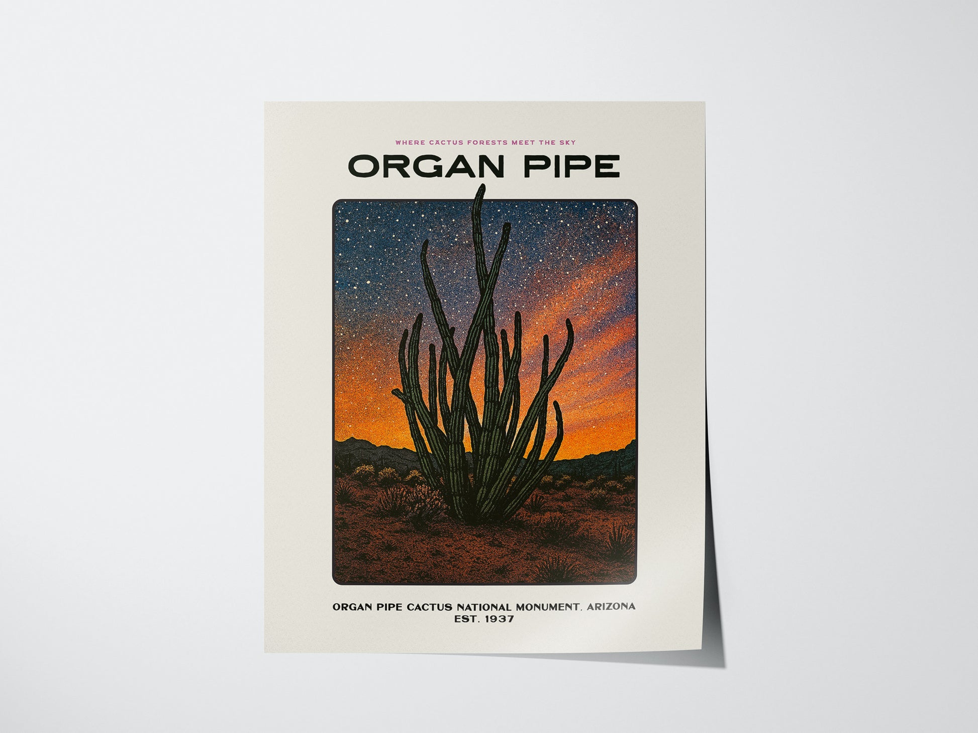Organ Pipe Cactus poster featuring a stylized illustration of Organ Pipe Cactus National Monument desert landscape
