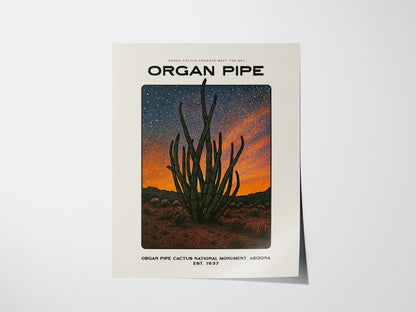 Organ Pipe Cactus poster featuring a stylized illustration of Organ Pipe Cactus National Monument desert landscape