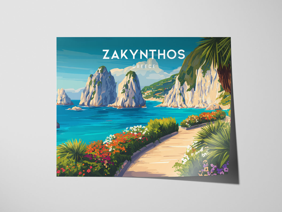 Zakynthos, Greece Landscape Poster | Navagio Beach Travel Gift Wall Art — giclée print detail on matte paper