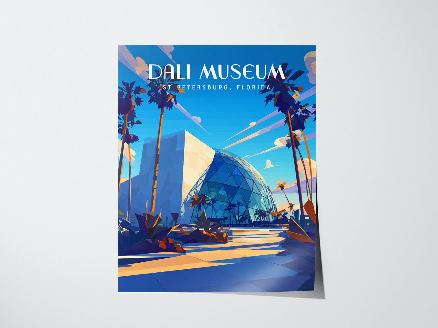 A vibrant poster of the Salvador Dali Museum in St. Petersburg, Florida, showcases its modern glass atrium and geometric design, surrounded by palm trees under a bright blue sky.