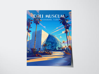 A vibrant poster of the Salvador Dali Museum in St. Petersburg, Florida, showcases its modern glass atrium and geometric design, surrounded by palm trees under a bright blue sky.