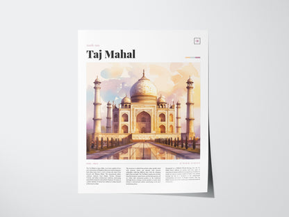 The image features a poster of the Taj Mahal with a watercolor illustration showcasing its iconic domes and minarets. The text Taj Mahal is prominently displayed above the artwork.