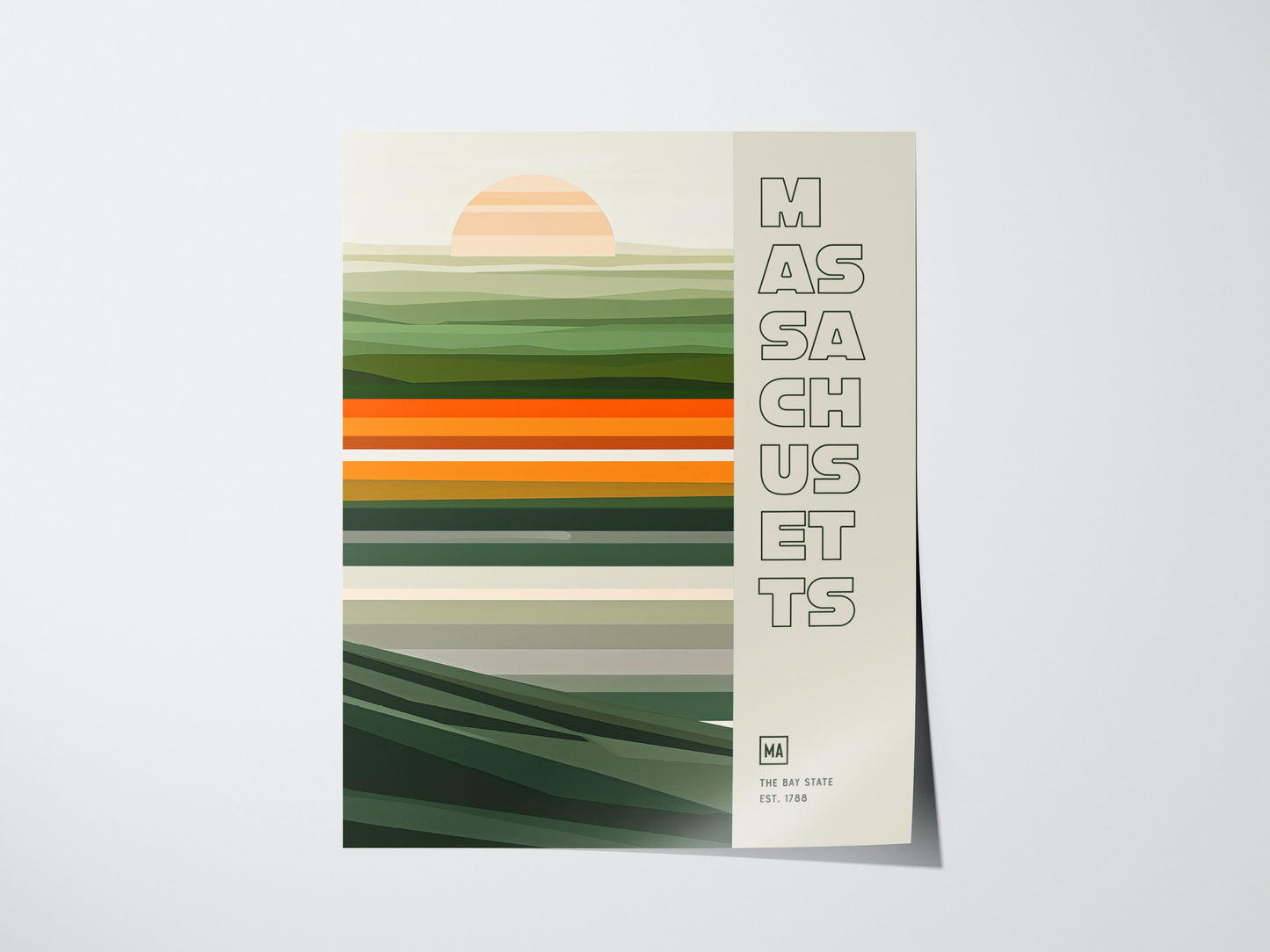 A minimalist poster features horizontal stripes in green, orange, and beige tones with a setting sun. The text Massachusetts is vertically aligned on the right side.