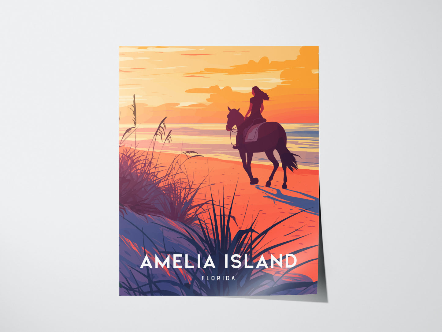 A vibrant illustration depicts a woman on horseback at sunset on Amelia Island, Florida, with golden skies and beach grass. The scene evokes tranquility and freedom.