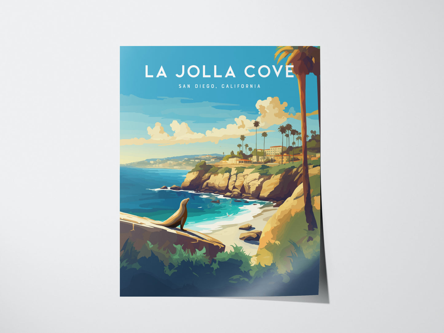 Illustrated poster of La Jolla Cove in San Diego, featuring a sea lion on a cliff, coastal waves, palm trees, and a vibrant blue sky.