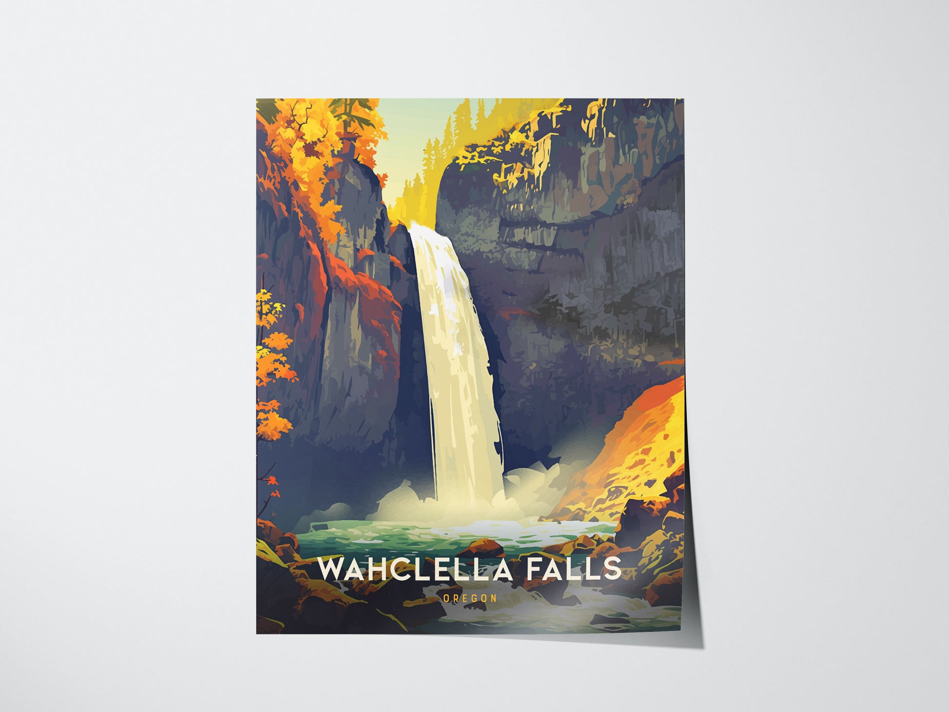 Illustrated poster of Wahclella Falls features a vibrant waterfall surrounded by colorful autumn foliage and rugged cliffs, with Wahclella Falls Oregon text at the bottom.