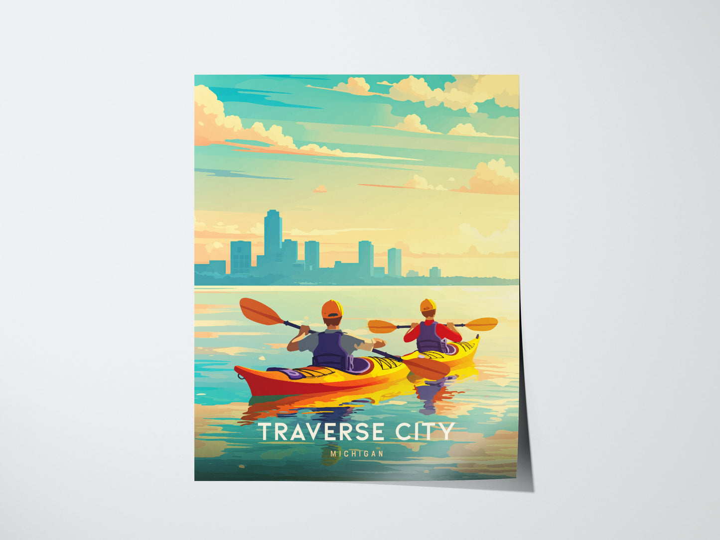 Two kayakers paddle across calm waters with a city skyline silhouetted against a vibrant, colorful sky. The poster reads Traverse City, Michigan.