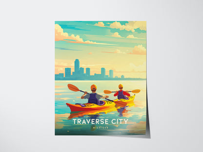 Two kayakers paddle across calm waters with a city skyline silhouetted against a vibrant, colorful sky. The poster reads Traverse City, Michigan.