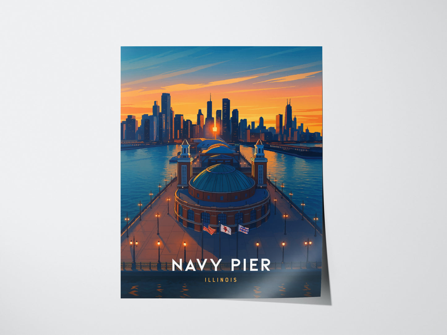 Navy Pier Chicago Poster | Skyline Sunset Wall Art Print
