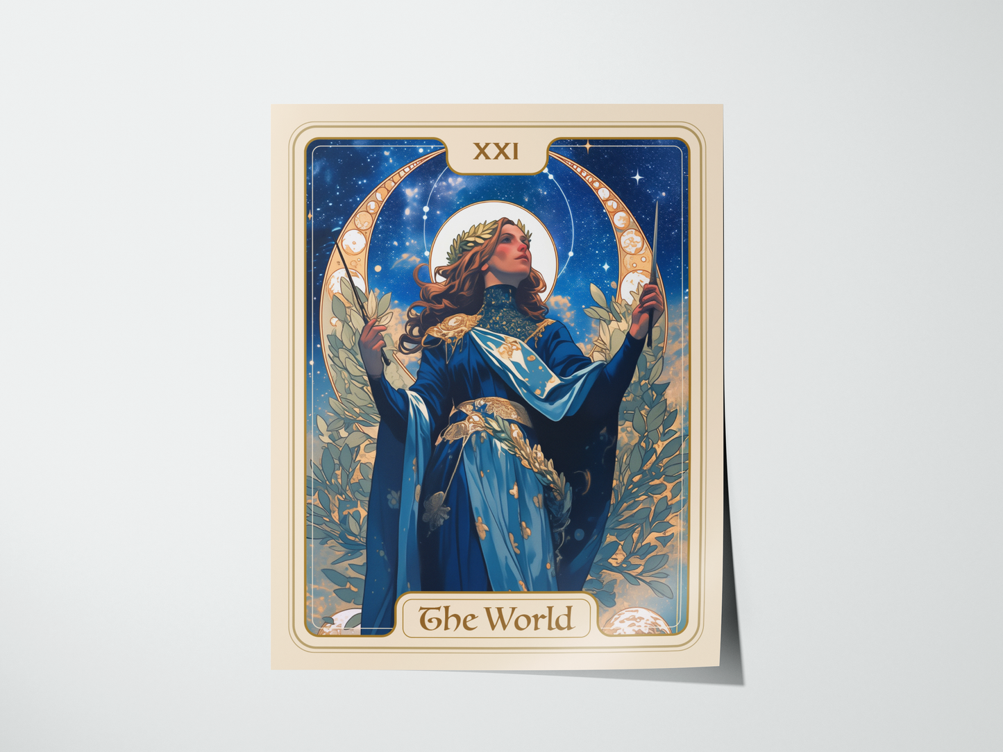 Home setting displaying framed and unframed wall art posters depicting a crowned figure amid cosmic harmony and laurel