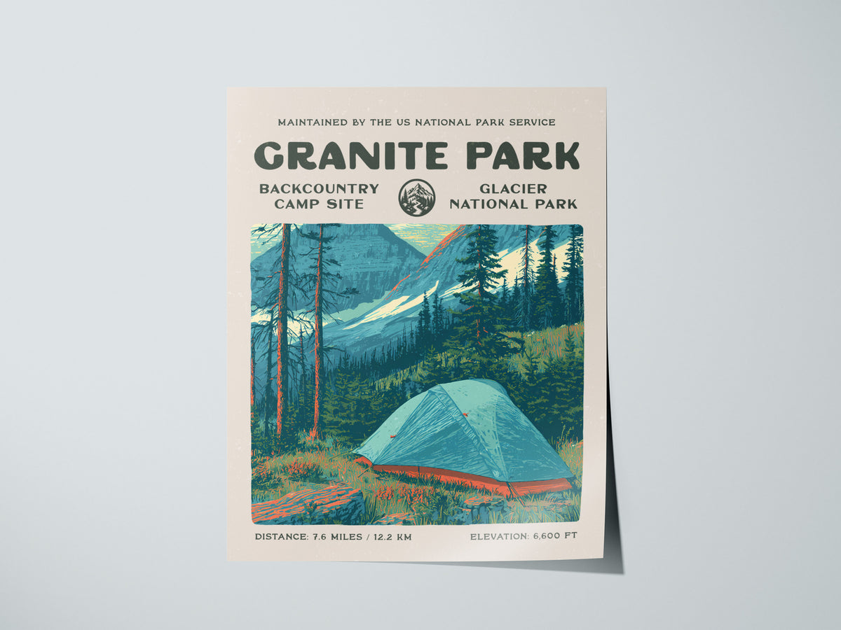 Granite Park, Glacier National Park Poster | Hiker Gift | Backcountry Trail Wall Art — giclée print detail on matte paper