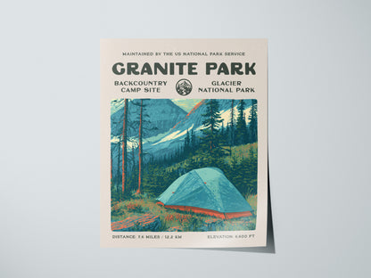 Granite Park, Glacier National Park Poster | Hiker Gift | Backcountry Trail Wall Art — giclée print detail on matte paper
