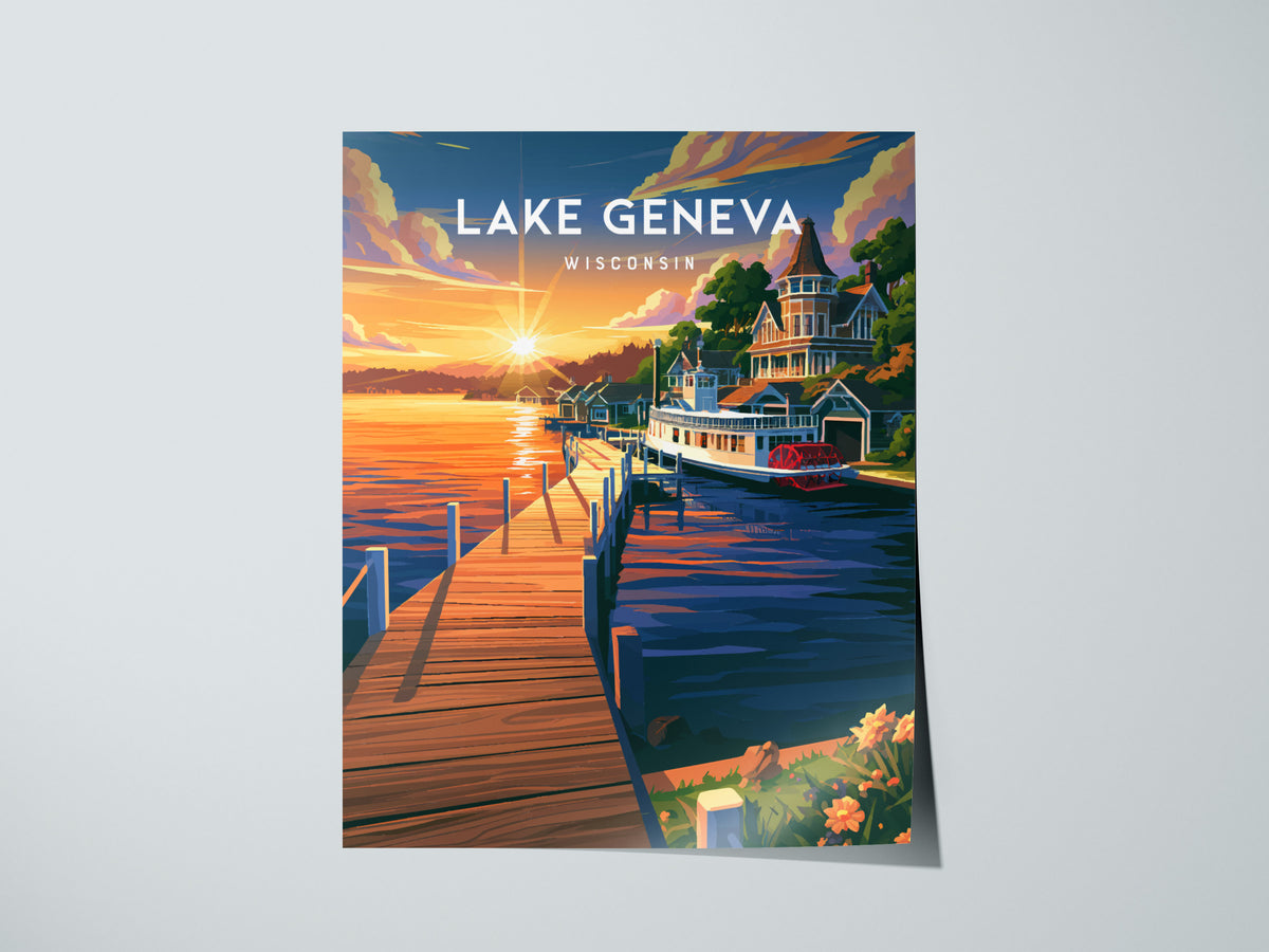 Lake Geneva, Wisconsin Poster | Lakeside Charm Destination Print Wall Art — giclée print detail on matte paper