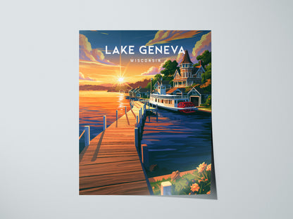 Lake Geneva, Wisconsin Poster | Lakeside Charm Destination Print Wall Art — giclée print detail on matte paper