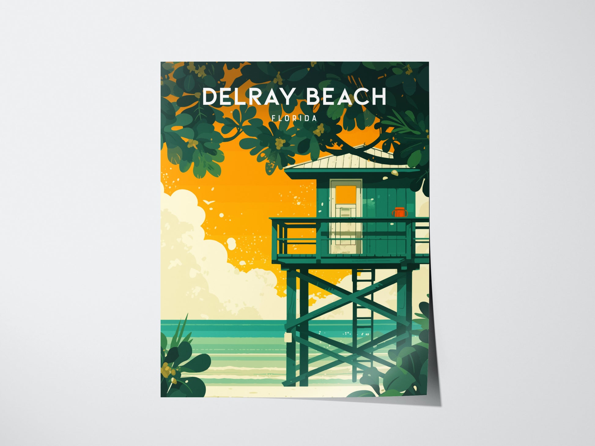 A vibrant poster of Delray Beach, Florida, featuring a teal lifeguard stand against an orange sky, with lush green foliage and the ocean in the background.