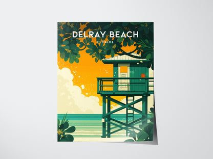 A vibrant poster of Delray Beach, Florida, featuring a teal lifeguard stand against an orange sky, with lush green foliage and the ocean in the background.