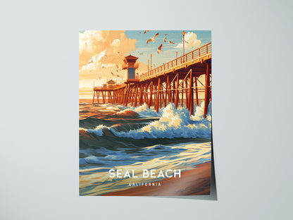 Seal Beach, California Poster | Sun-Kissed Pier & Coastal Charm Wall Art — giclée print detail on matte paper