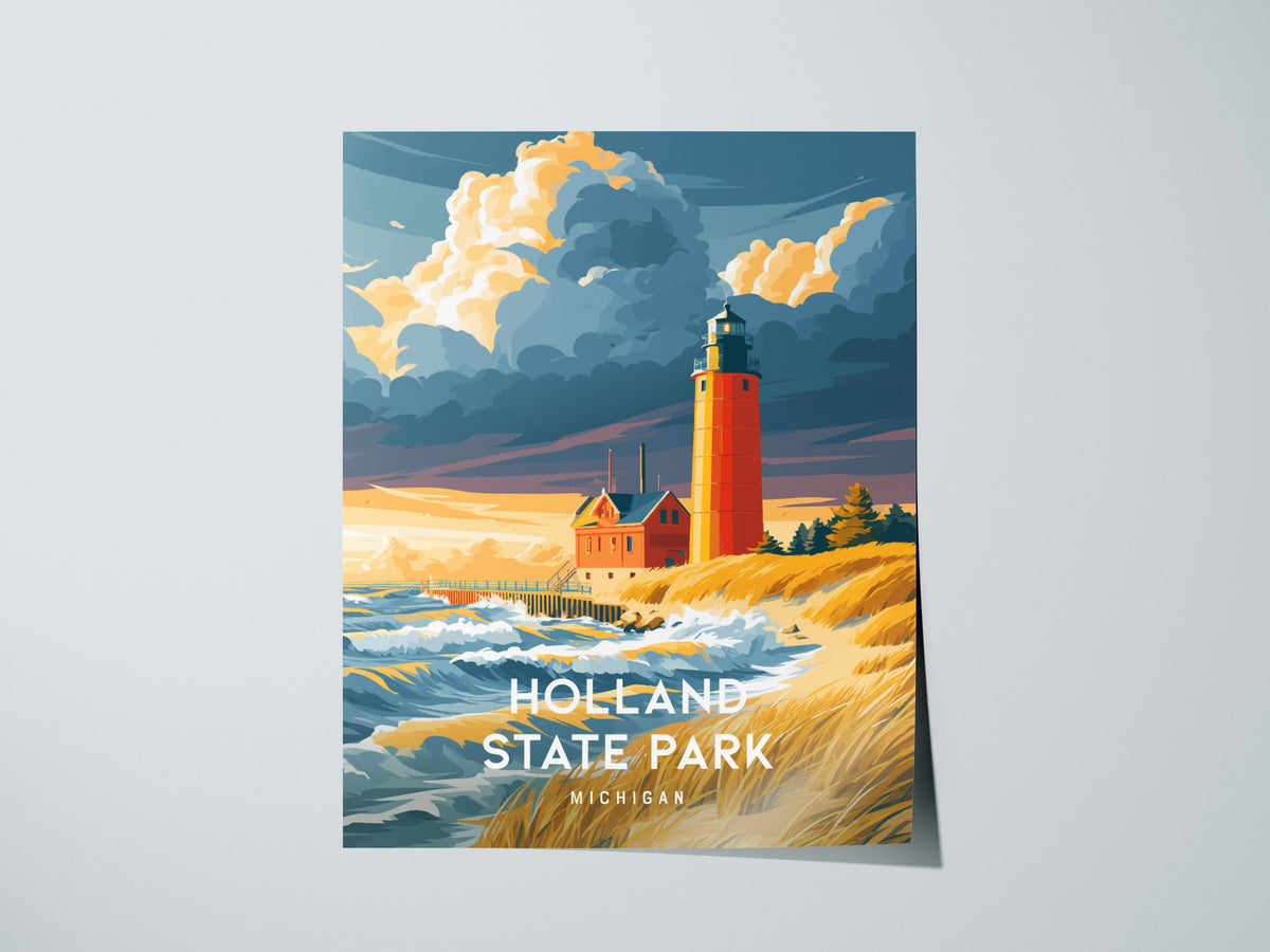 Holland State Park, Michigan Poster | Big Red Lighthouse Coastal Beach Decor Wall Art — giclée print detail on matte paper