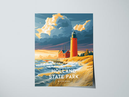 Holland State Park, Michigan Poster | Big Red Lighthouse Coastal Beach Decor Wall Art — giclée print detail on matte paper