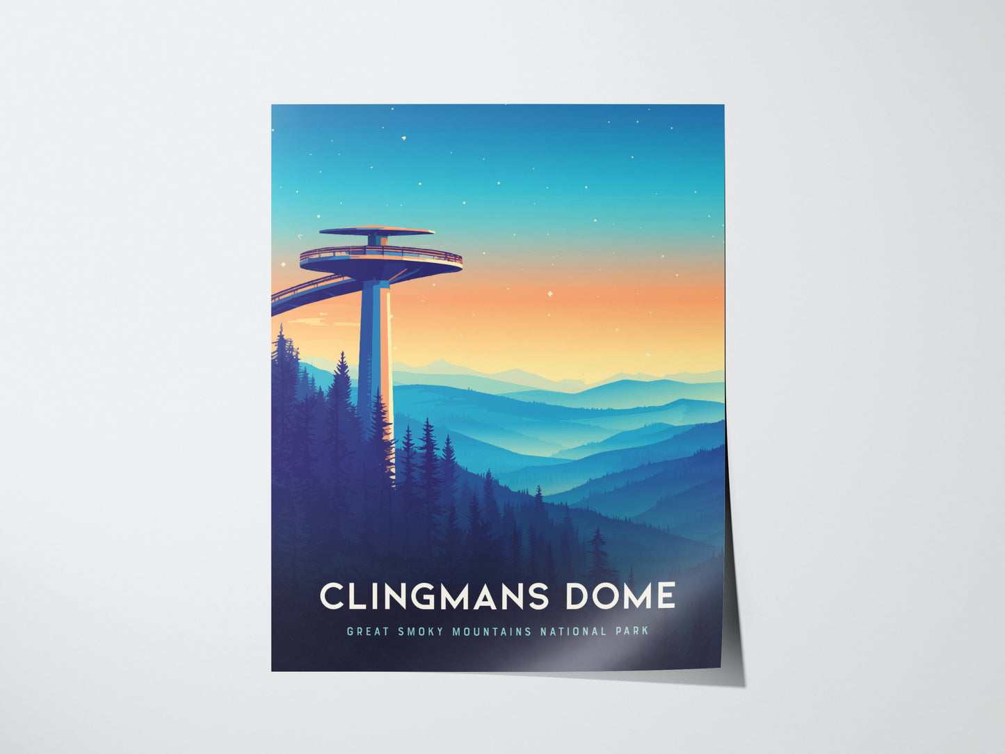 The image is a poster featuring Clingmans Dome with an observation tower above misty, layered mountain ridges. The sky transitions from a warm orange to a deep blue, dotted with stars, capturing a serene dawn.