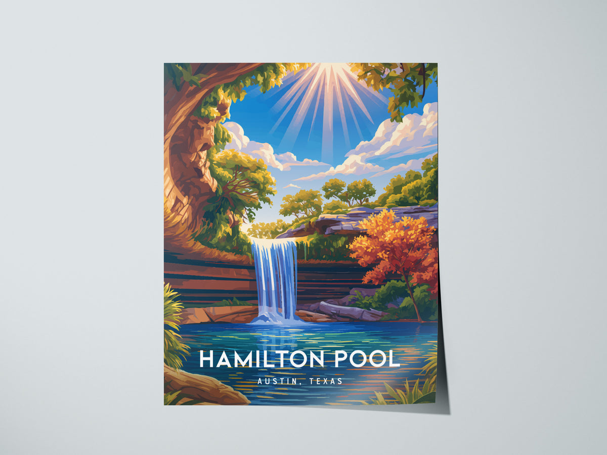 Hamilton Pool, Austin, Texas Poster | Natural Grotto & Waterfall Travel Wall Art — giclée print detail on matte paper