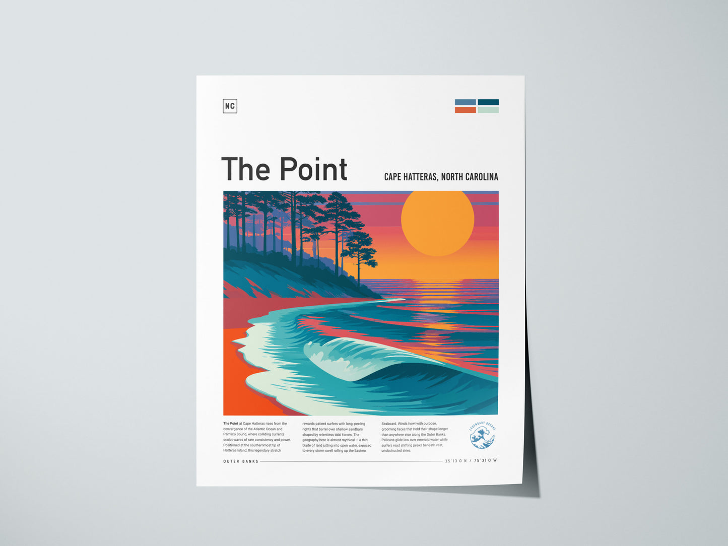 The Point, Cape Hatteras, North Carolina Poster | Surf Wall Art Beach House Decor — giclée print detail on matte paper