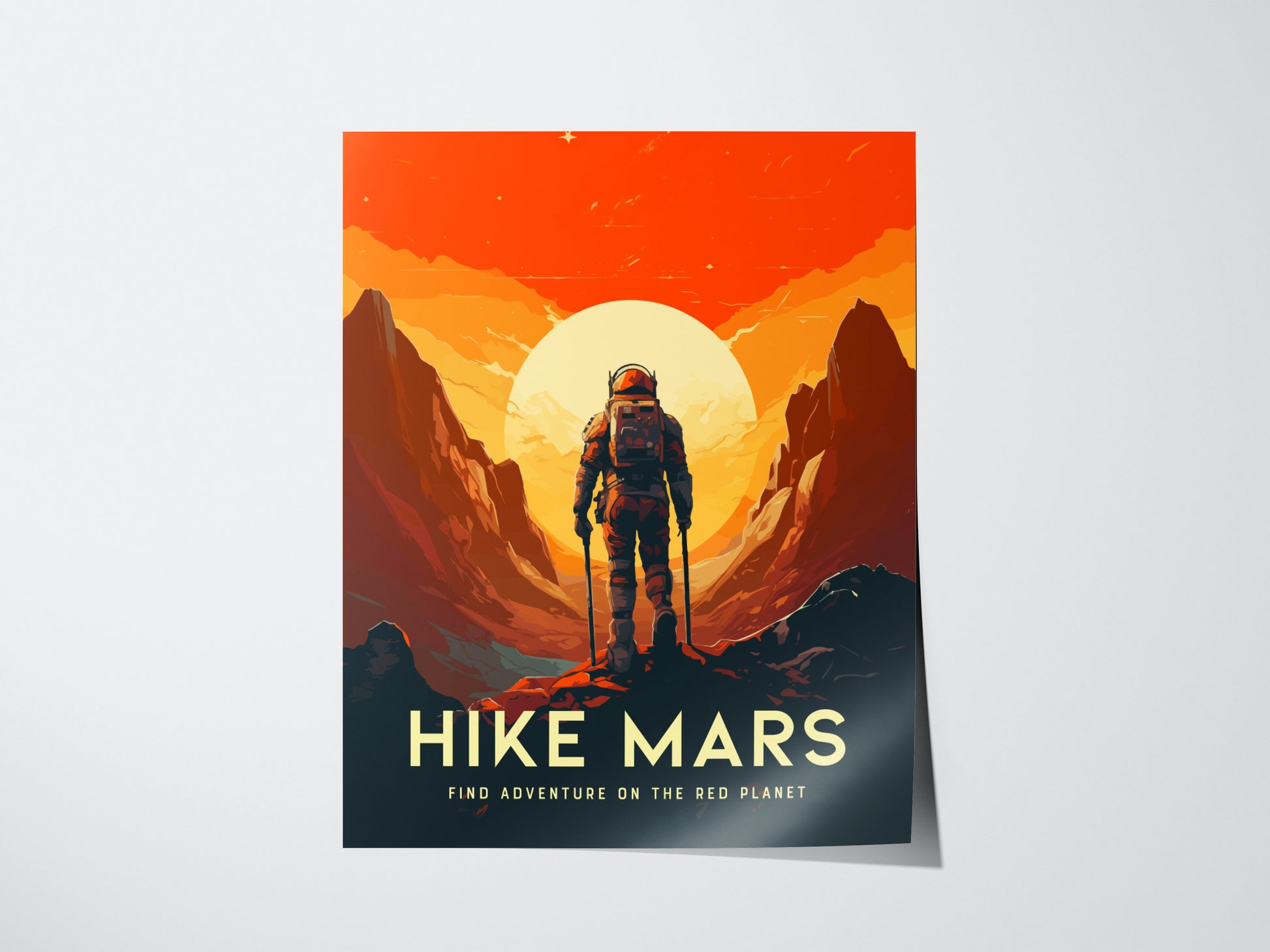 A retro-style poster features an astronaut standing between dramatic Martian cliffs with a large sun in the background, labeled “Hike Mars: Find Adventure on the Red Planet.”.