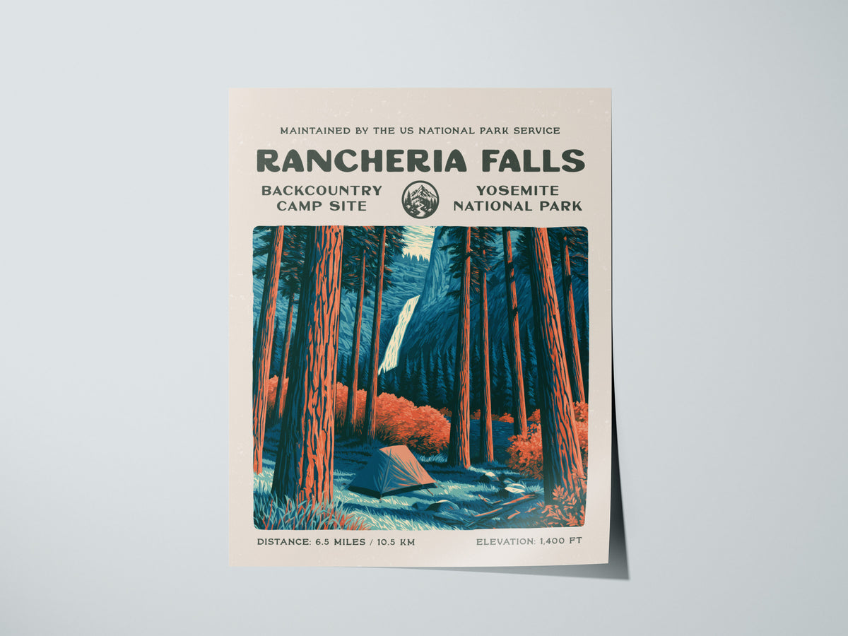 Rancheria Falls, Yosemite National Park Poster | Hiker Gift | Backcountry Trail Wall Art — giclée print detail on matte paper