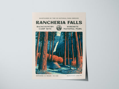 Rancheria Falls, Yosemite National Park Poster | Hiker Gift | Backcountry Trail Wall Art — giclée print detail on matte paper