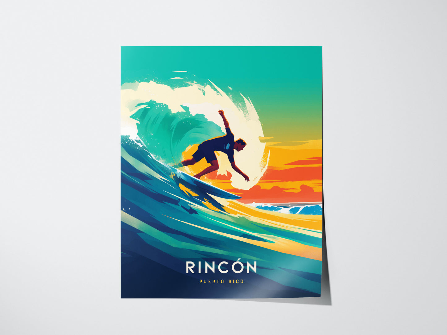 A vibrant surf poster features a surfer riding a dynamic wave under a colorful sky, with Rincón Puerto Rico text at the bottom. The artwork captures an energetic, tropical vibe.