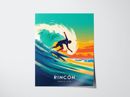 A vibrant surf poster features a surfer riding a dynamic wave under a colorful sky, with Rincón Puerto Rico text at the bottom. The artwork captures an energetic, tropical vibe.