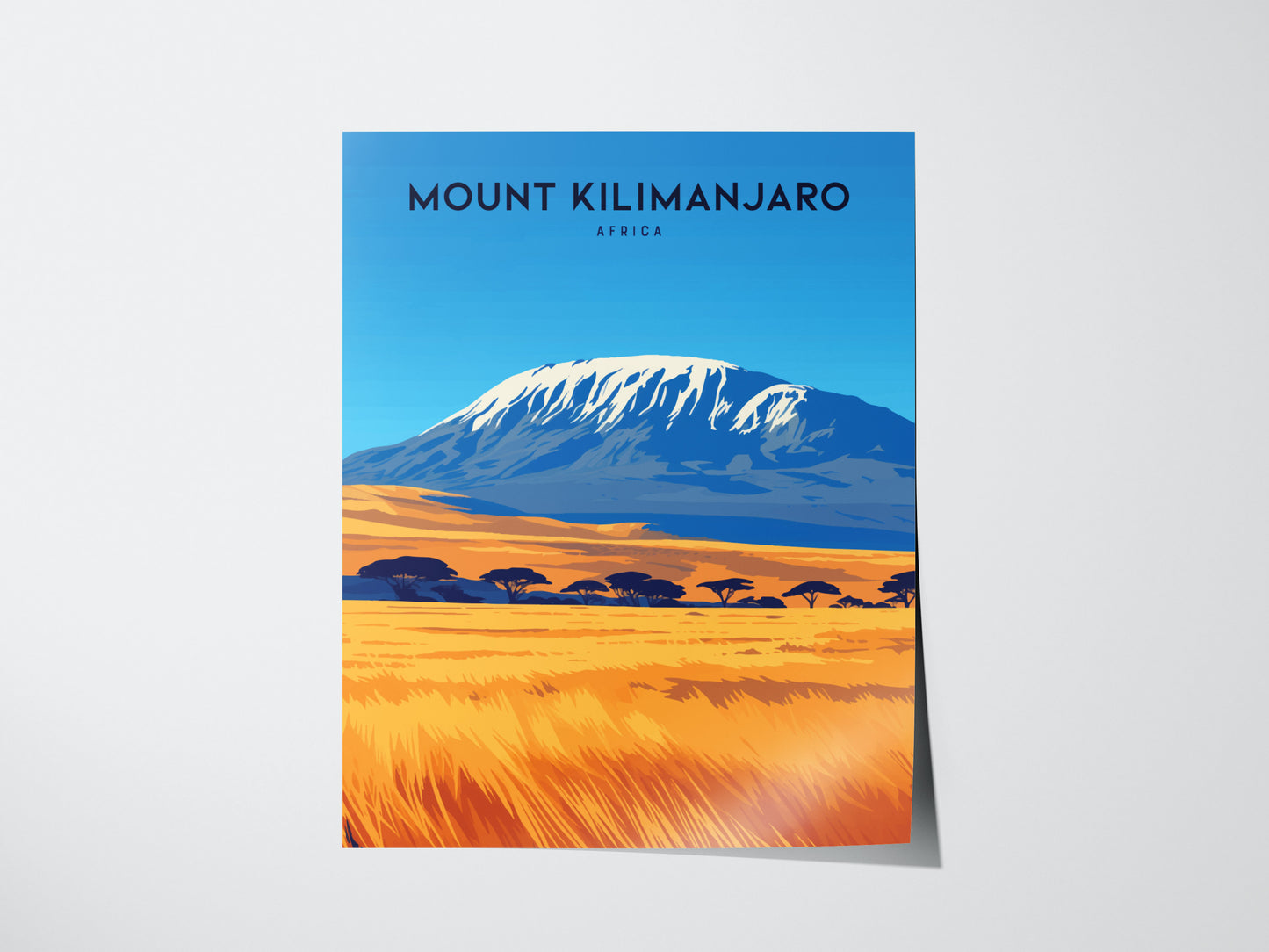 Illustrated poster of Mount Kilimanjaro with a snow-capped peak, vibrant blue sky, and golden savanna foreground. The words Mount Kilimanjaro Africa appear at the top.