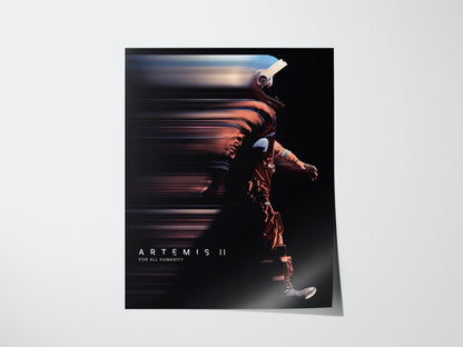 Artemis II NASA poster featuring stylized mission artwork with rocket, Moon, and Orion spacecraft