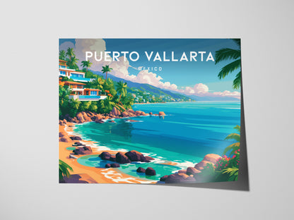Puerto Vallarta, Mexico Landscape Poster | Beach House Decor Vacation Wall Art — giclée print detail on matte paper