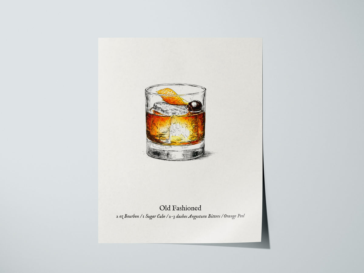 Old Fashioned Cocktail Poster | Vintage Pen & Ink Scientific Illustration Wall Art — giclée print detail on matte paper