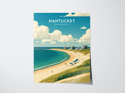 A coastal poster of Nantucket, Massachusetts, featuring a sandy beach with umbrellas, swimmers, and cottages under a bright blue sky with fluffy clouds.