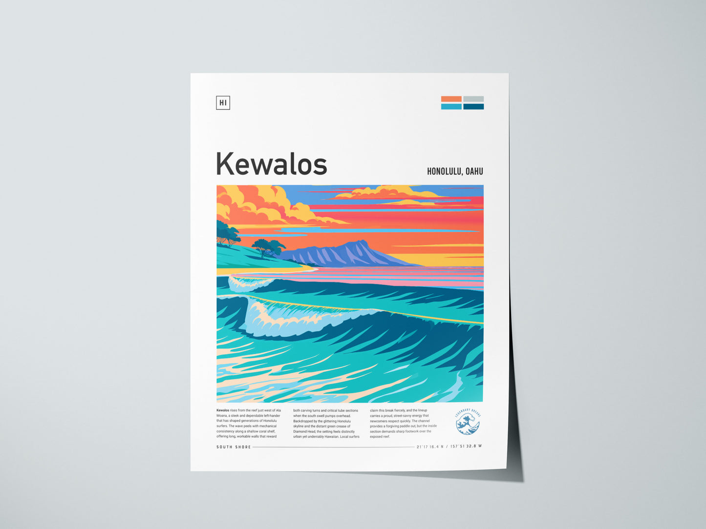 Kewalos, Hawaii Poster | Golden Surf & Diamond Head Wall Art — giclée print detail on matte paper