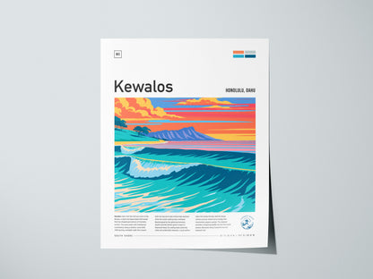 Kewalos, Hawaii Poster | Golden Surf & Diamond Head Wall Art — giclée print detail on matte paper