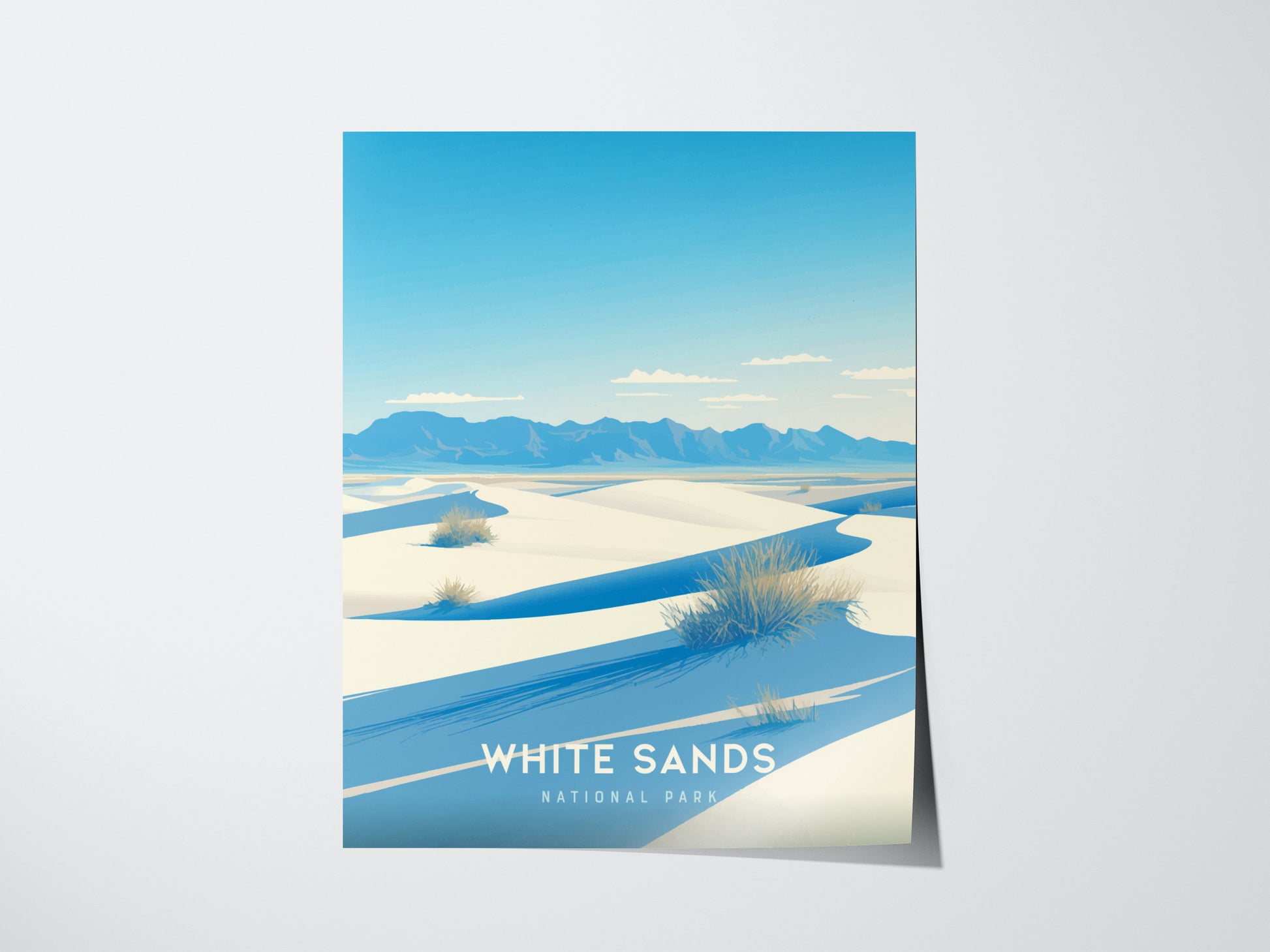 Illustrated poster of White Sands National Park featuring vast white gypsum dunes under a clear blue sky, with distant mountains and sparse desert vegetation. Text reads White Sands National Park.