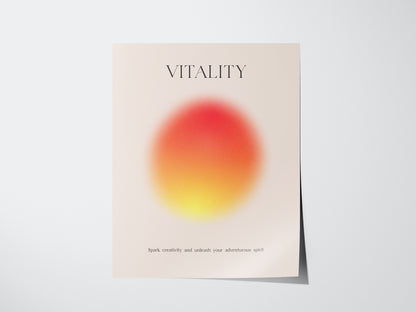 Minimalist gradient wellness art print with glowing yellow and pink hues, styled in a white frame for contemporary interiors.